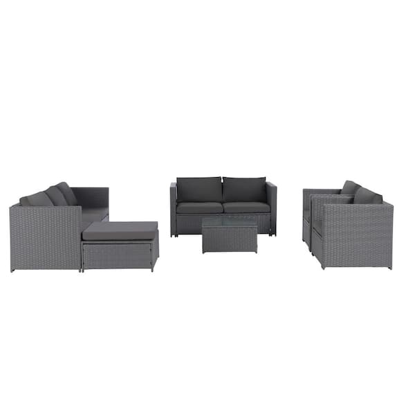 Zeus & Ruta 6-Piece Grey Rattan Wicker Outdoor Sectional Sofa Set with Deep Gray pp Cushions, Ottoman for Porch, Backyard