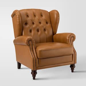 Pablo Camel 33 in. Wide Genuine Leather Arm Chair with Solid Tapered Wood Legs and Classic Wingback Design