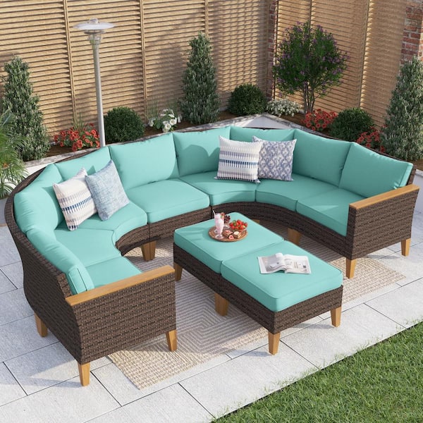 PHI VILLA Brown Rattan Wicker 9 Seat 9-Piece Steel Patio Outdoor Sectional Set with Blue Cushions