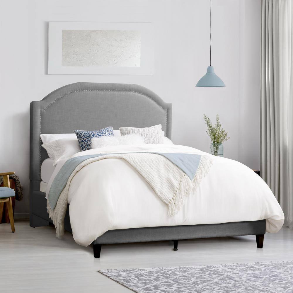 Arched Light Gray Upholstered Double Bed with Nailhead Trim