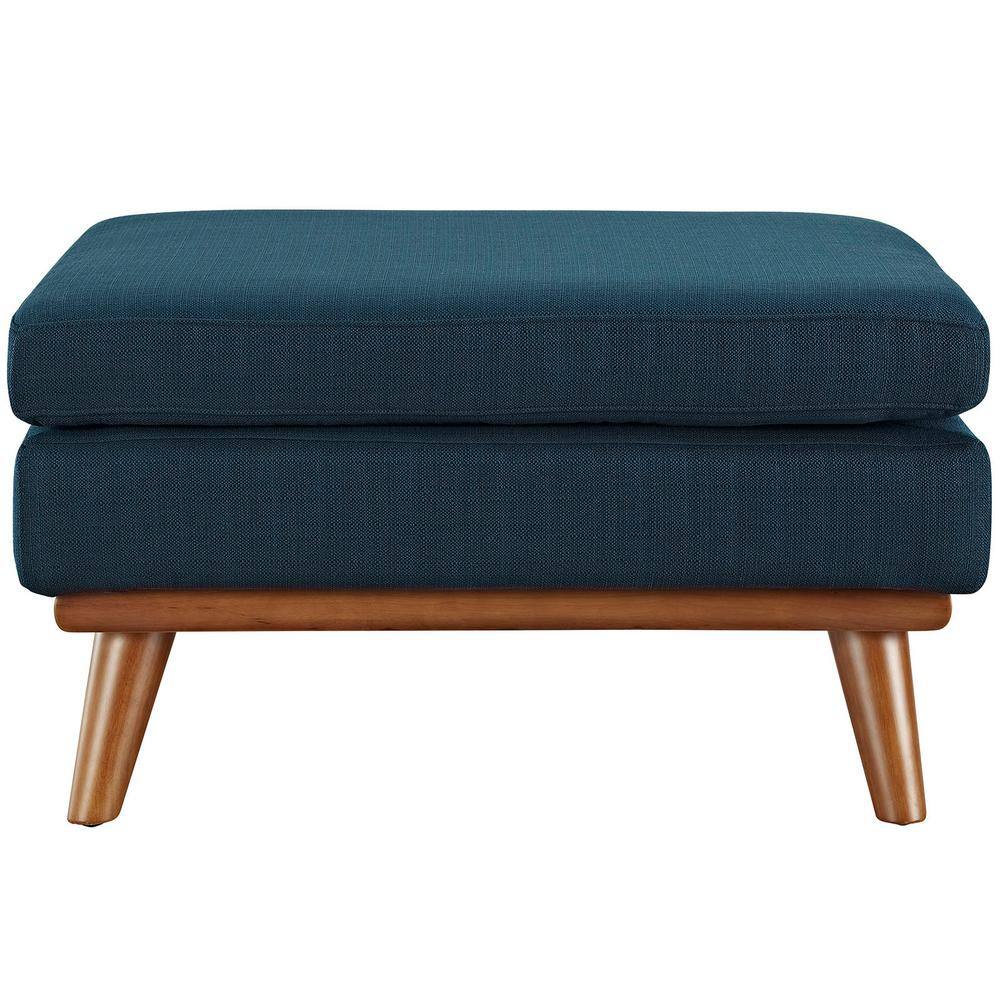 Mid-Century Azure Tufted Fabric Ottoman with Cherry Stained Rubberwood Frame