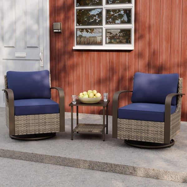 EAGLE PEAK 3-Piece Wicker Outdoor Rocking Chair Patio Conversation Set Swivel Chairs with Blue Cushions and Side Table