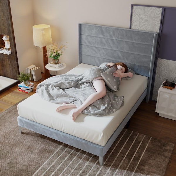 Gray Wood Frame Queen Size Panel Bed with High Upholstered Headboard, Silent Slats and Modern Polyester Fabric