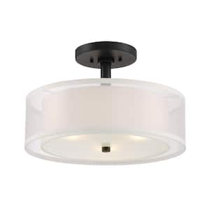 Parsons Studio 15 in. 3-Light Sand Black Semi-Flush Mount with Translucent Silver Linen and Etched White Glass Shade