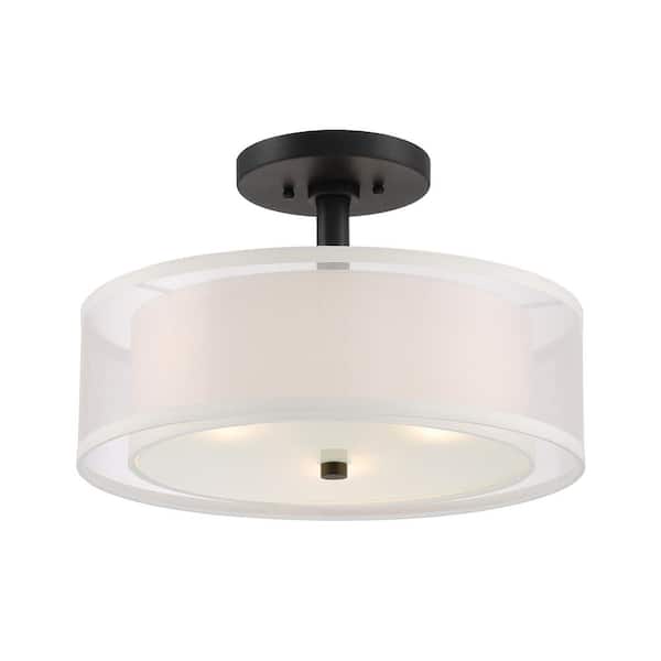 Minka Lavery Parsons Studio 15 in. 3-Light Sand Black Semi-Flush Mount with Translucent Silver Linen and Etched White Glass Shade