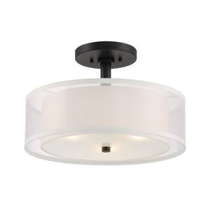 Parsons Studio 15 in. 3-Light Sand Coal Semi-Flush Mount with Translucent Silver Linen and Etched White Glass Shade