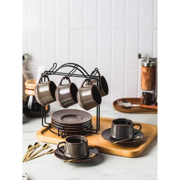 Espresso Cups with Saucers and Metal Stand, 4 oz. Ceramic Expresso Shots Cup Set, Brown