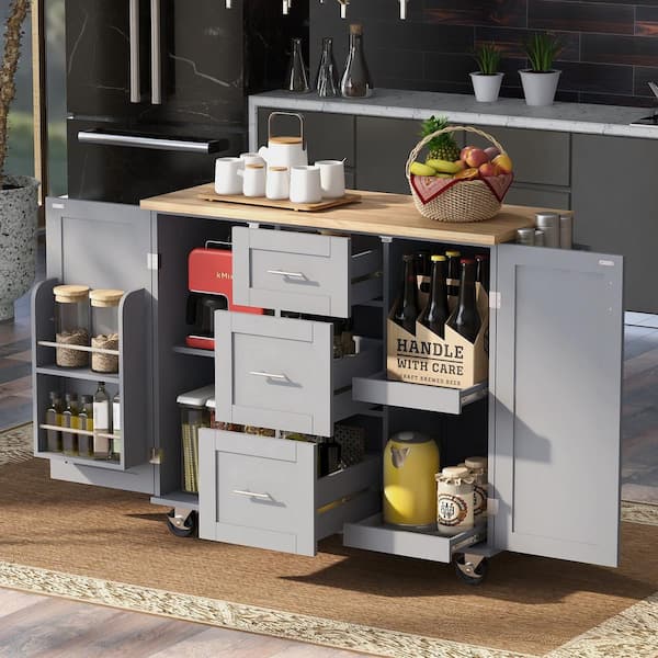 ARTCHIRLY Grey Blue Rubber Wood Top 51.4 in. Kitchen Island with 3-Drawer, 2-Slide-Out Shelf, and Internal Storage Rack