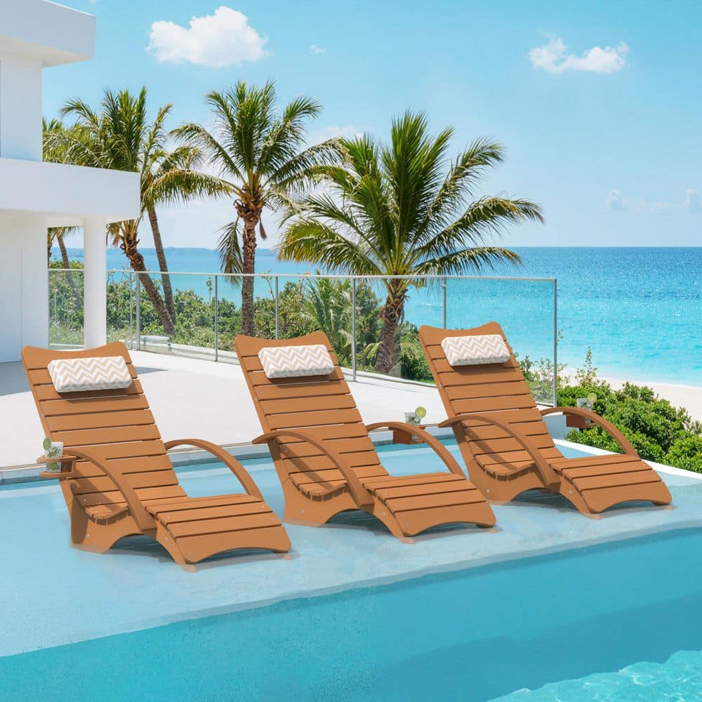 Teak 3-Piece HDPS Plastic Aquawave Outdoor Chaise Lounge Pool Lounge Chairs with Headrest and Cup Holder for Poolside price history on PriceWatchPro