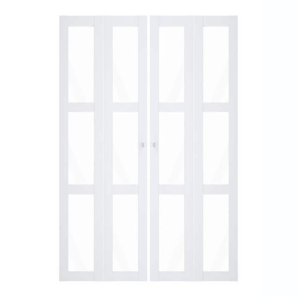 TENONER 48 in x 80 in 3 Lite Clear Glass Solid Core,White MDF, Water-Proof Can't be Painted Bi-fold Door with All Hardware