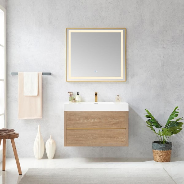 ROSWELL Palencia 36 in. W x 20 in. D x 24 in. H Single Sink Bath Vanity in N.American Oak W/White Composite Stone Top and Mirror