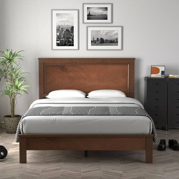 Walnut Wood Queen Platform Bed Frame with Headboard, No Box Spring Needed