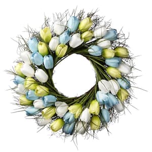 22 in. Artificial Wreath with yellow, Blue and White Tulips