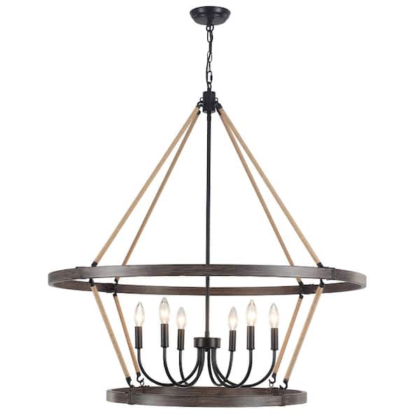 6-Light Black and Imitation Wood Grain Farmhouse 2 Tiers Wagon Wheel Chandelier for Bedroom