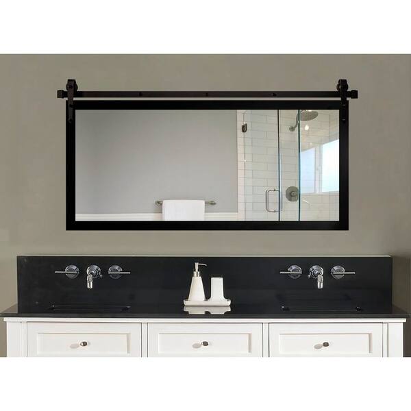 (55 in. W x 30 in. H) Satin Black Accent Mirror with Steel Barn Door Rail