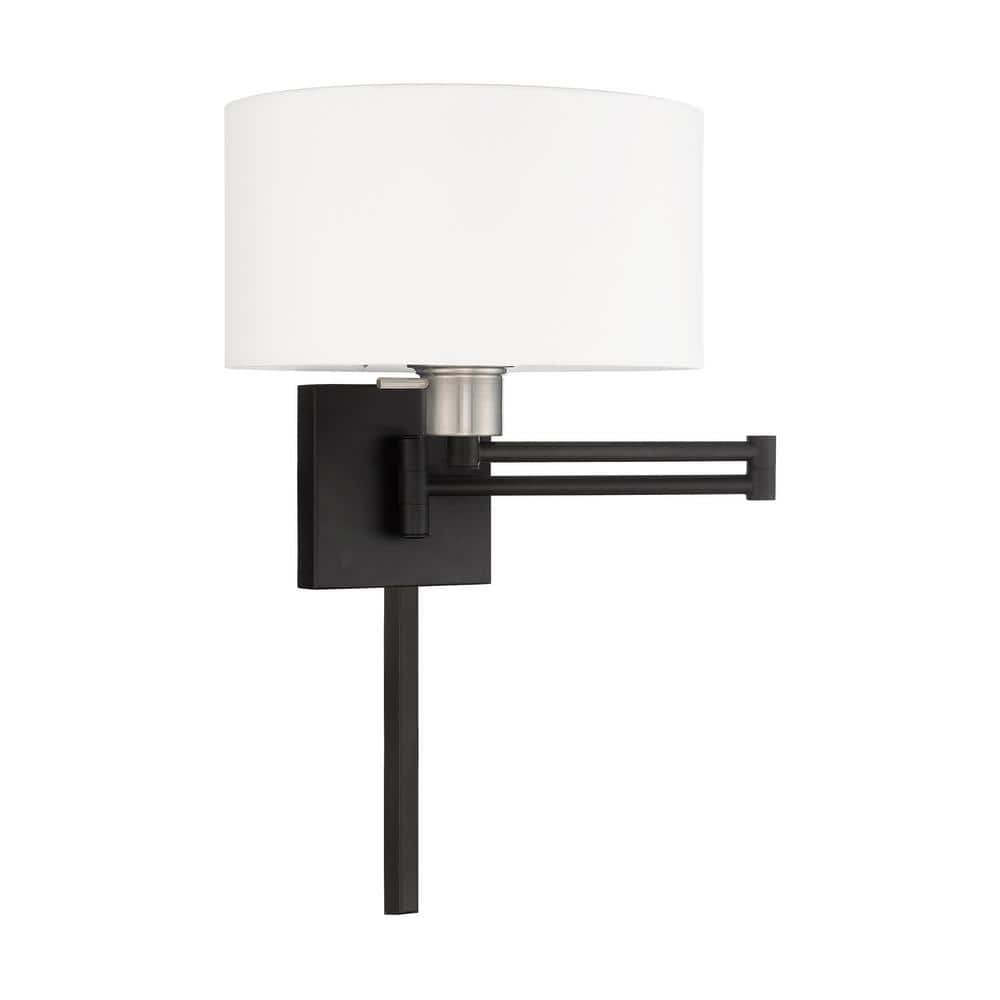 Sleek Transitional Black Swing Arm Wall Lamp with Off-White Fabric Shade