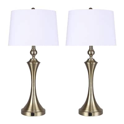 31 in. Gold Plated Table Lamps with USB Port in Base and Off-White Linen Shade (2-Pack)