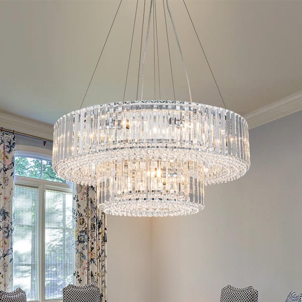 Orillia Contemporary 26 in. 12-Light Chrome 2-Tier Crystal Ring Chandelier