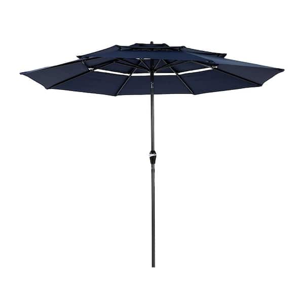 10 ft. Aluminium Outdoor Patio Umbrella 3 Tier Auto-Tilt Market Umbrella with Crank Tilt in Navy Blue
