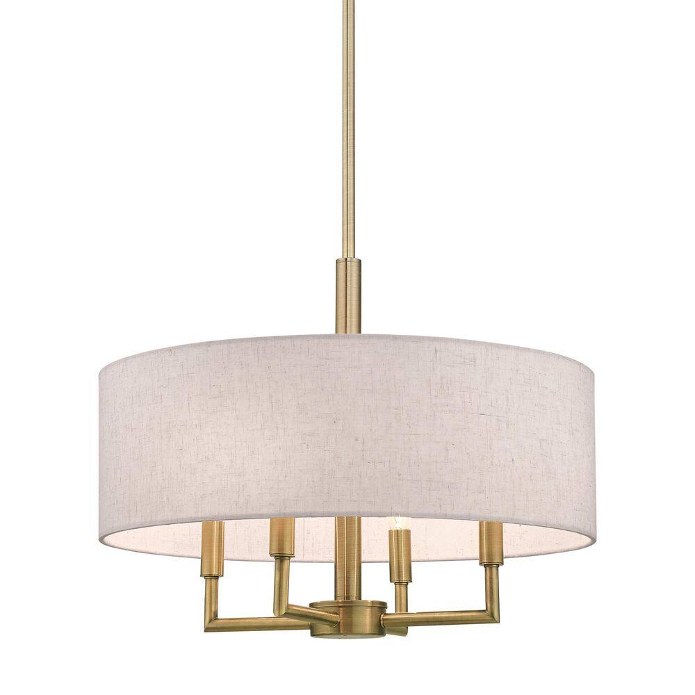 Antique Brass 4-Light Drum Chandelier with Oatmeal Shade