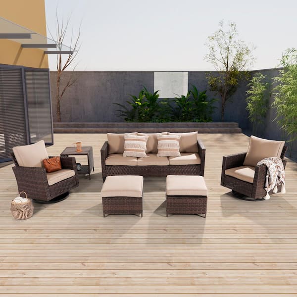 JOYESERY 6-Piece Brown Wicker Outdoor Seating Sofa Set with Swivel Rocking Chairs, Sand Cushion