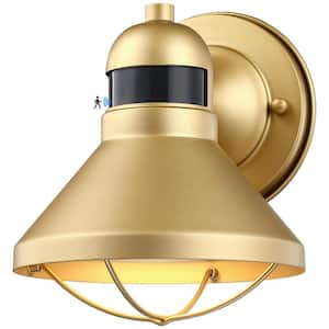 Upgraded 7.08 in. Gold Motion Sensing Dusk to Dawn Indoor/Outdoor Hardwired Barn Sconce with LED Included