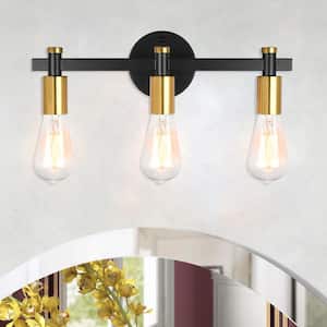 16 in. 3-Light Industrial Black/Gold Vanity Light with Clear Glass Shade