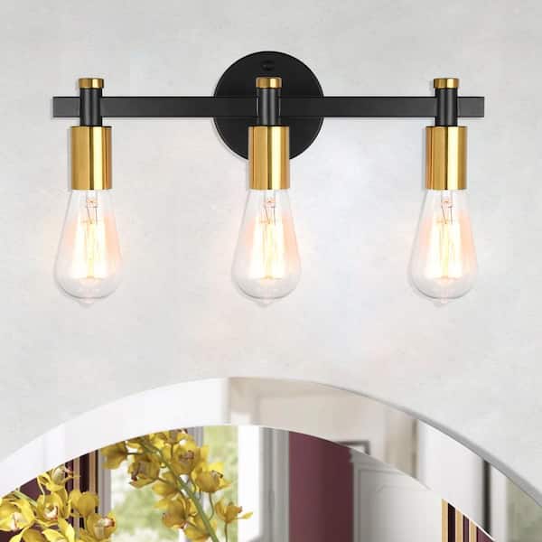 LWYTJO 16 in. 3-Light Industrial Black/Gold Vanity Light with Clear Glass Shade