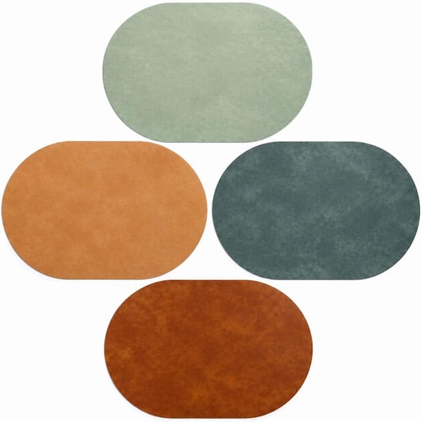12 in. x 17 in. Turmeric Brown, Light Brown, Green and Blue Faux Leather Washable Kitchen Placemats Set of 4