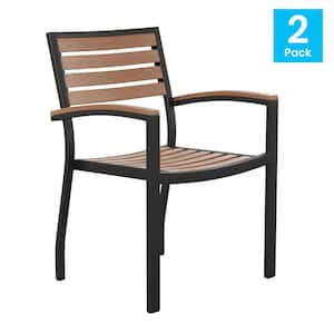 Black Aluminum Outdoor Dining Chair in Wood Grain Set of 2