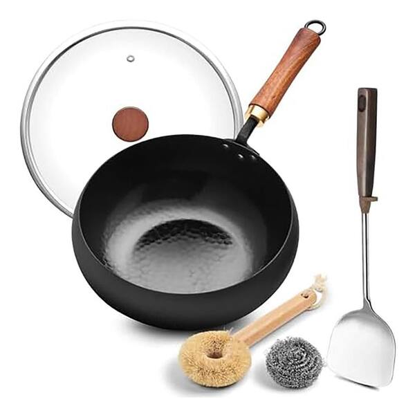 Anqtovp 9.5 in. Flat Bottom Carbon Steel Wok Pan with Glass Lid