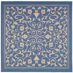 Courtyard Blue/Natural 8 ft. x 8 ft. Square Border Indoor/Outdoor Patio  Area Rug