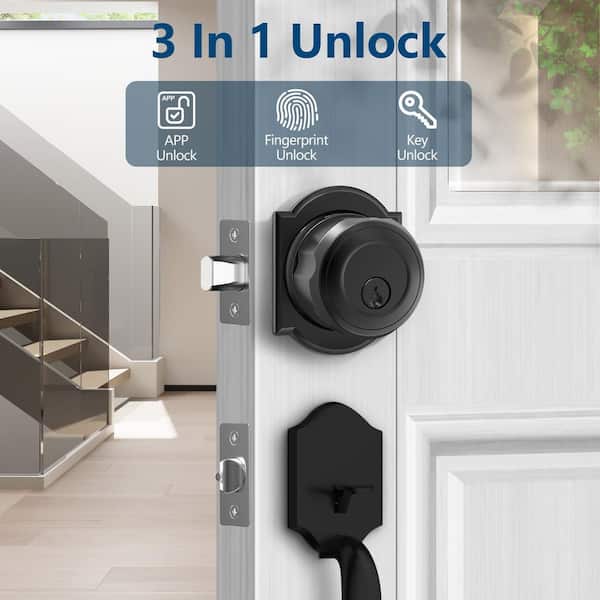 3 in 1 Aluminum Smart Lock Deadbolt with App Biometric Door Knob, Keyless Entry Door Lock, Shield, in Black
