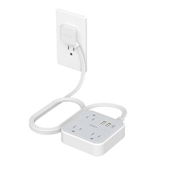 Grey 5 ft. 3-Outlet Surge Protector Power Strip Flat Extension Cord, Wall Charger for Home, Office, School, Dorm Room