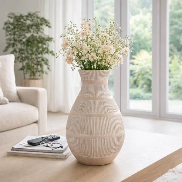 18.25 in. Beige Ceramic Geometric Organic Lines Decorative Vase