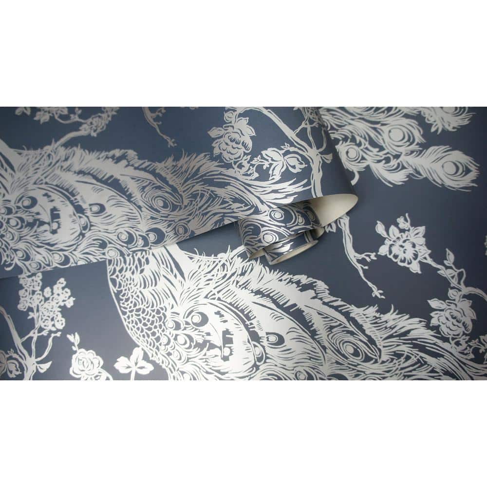 Navy Blue Metallic Peacock Trail Wallpaper 396in x 20.8in