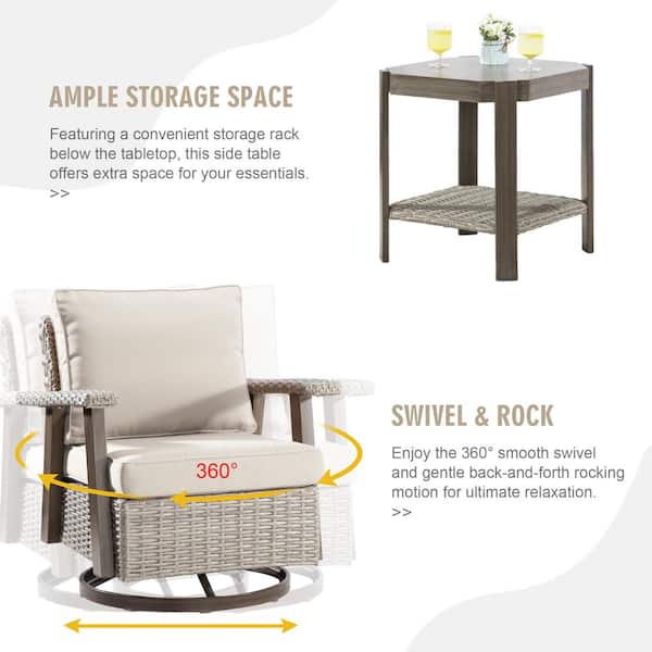 6-Piece Wicker Patio Conversation Set with 360° Swivel Chairs and Beige Cushions, Includes 2 Side Tables