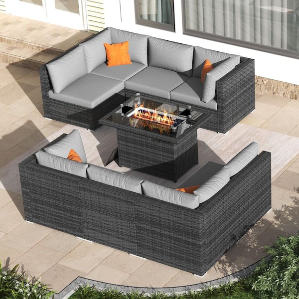Unbranded 9-Pieces Gray Wicker Outdoor Sectionals Patio Furniture Set Conversation Set with Fire Pit Table and Light Gray Cushions