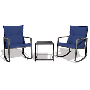 Black 3-Pieces Metal Patio Rocking Chair Set Outdoor Furniture,Conversation Sets with Tempered-Glass Table,Blue Cushions