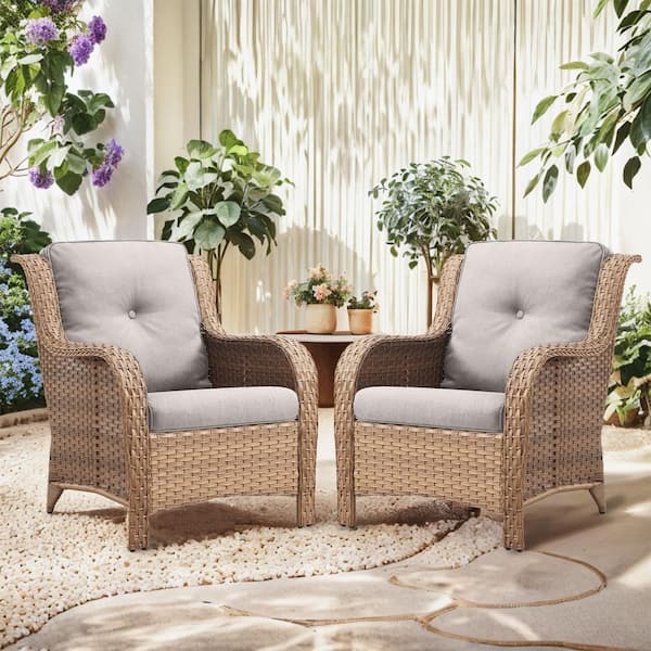 WellCane Yellow Outdoor Wicker Patio Chairs Set of 2, Outdoor Lounge Chairs with Beige Cushions for Balcony Backyard