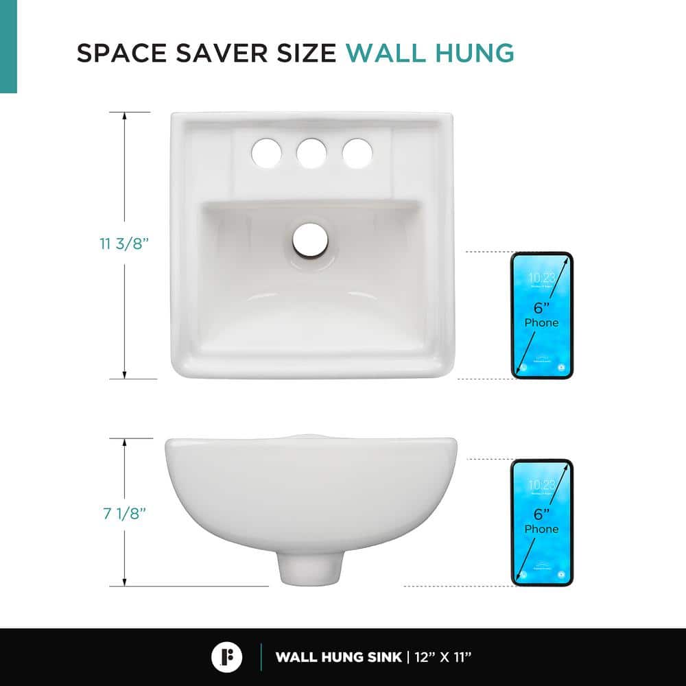 White Ceramic Wall-Mount Square Bathroom Sink with Overflow