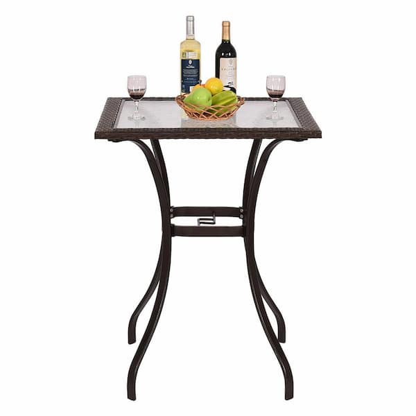 Costway 28.5 in. L x 28.5 in. W x 37 in. H Square Steel Frame Outdoor Coffee Table Bar Table with Tempered Glass Tabletop