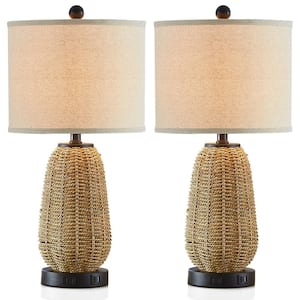 Tiburon 22.8 in. Wood Color Rattan Table Lamp Set of 2 with 2 USB Ports and AC Outlet (Set of 2)