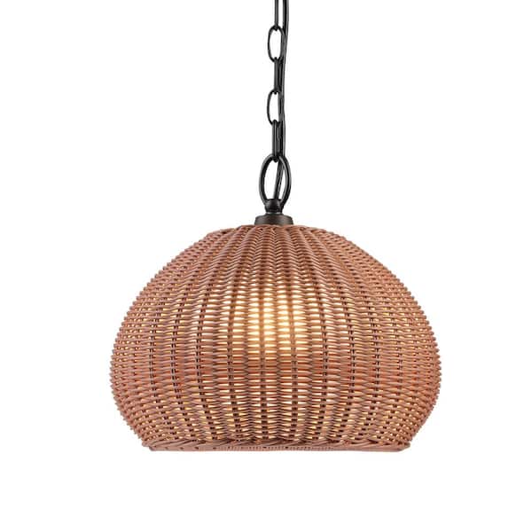 Novogratz x Globe Electric Salvador 1-Light Bronze Outdoor Indoor Plug-In Pendant Light with Plastic Rattan Shade and Frosted Inner Shade