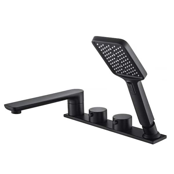 WOODBRIDGE Widespread 2-Handle Deck Mount Roman Tub Faucet with Hand Shower in Matte Black