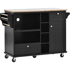 Black Kitchen Island on 5-Wheels with Storage Cabinet and Microwave Cabinet Solid Wood Desktop
