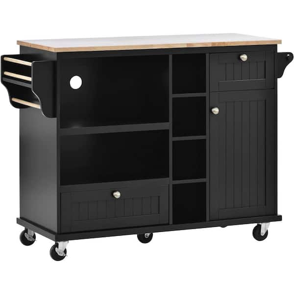 Black Kitchen Island on 5-Wheels with Storage Cabinet and Microwave ...