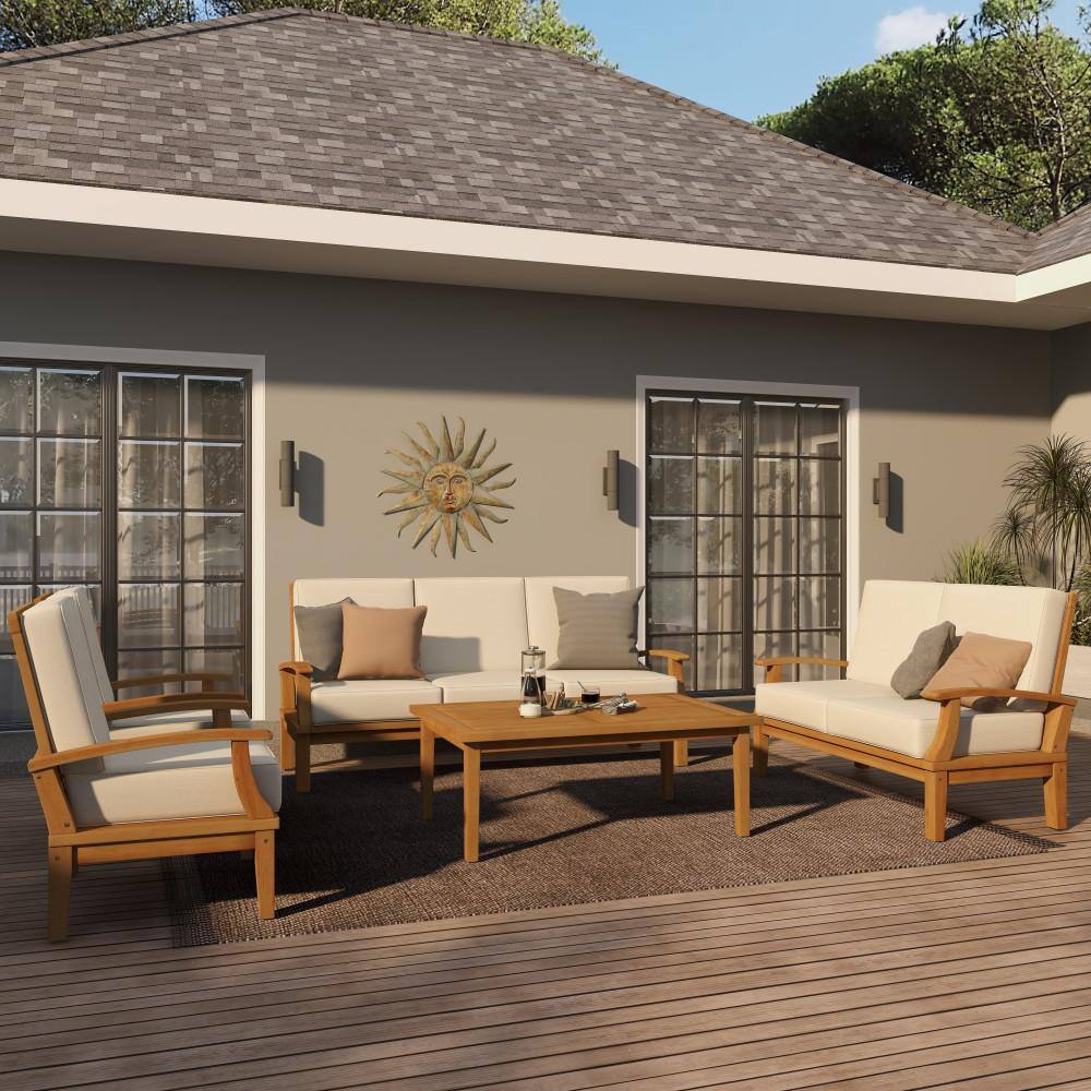 Brown Teak Wood 5-Piece Outdoor Seating Set with Cushions