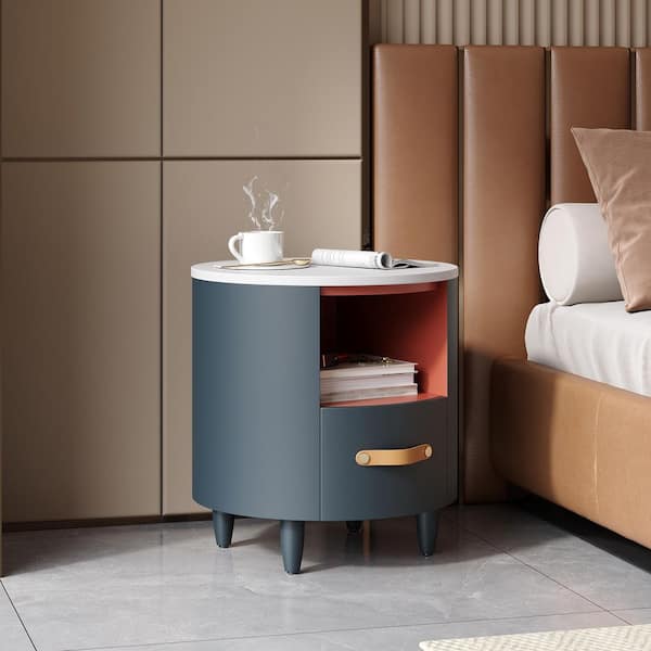 Barlow Modern Blue 1 Drawer Round Nightstand with Open Shelf, Faux Leather Handle, Tapered Legs, Wood