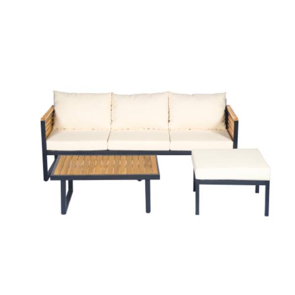 3-Piece Acacia Wood Outdoor Conversation Patio Furniture Set with Beige ...